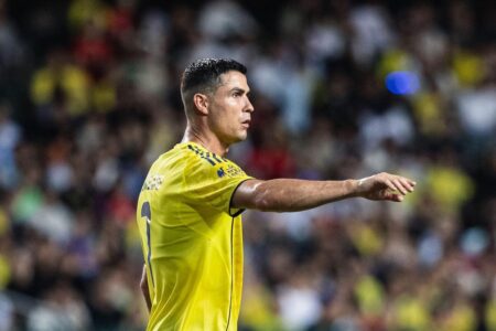احتفال كريستيانو رونالدو وكينجسلي كومان بهدف النصر في مرمى الأهلي بالدوري السعودي