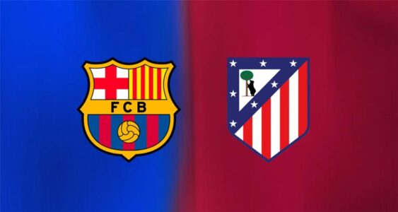 شعار برشلونة وأتلتيكو مدريد قبل مباراة الدوري الإسباني اليوم في ملعب ميتروبوليتانو